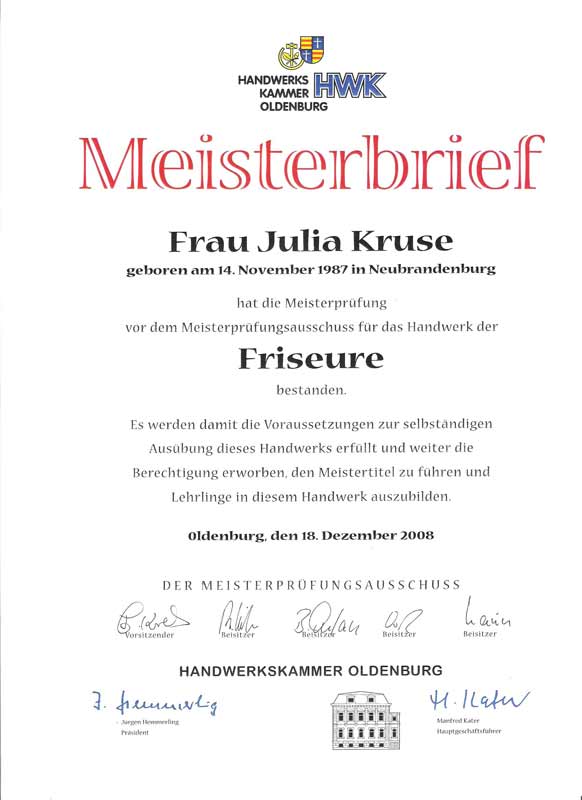 Eine Kopie des Meisterbriefs von Julia Kruse, welcher im Dezember 2008 erworben wurde.